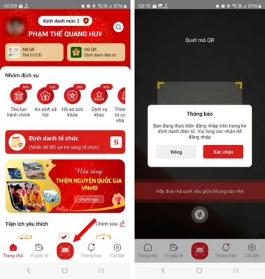 Nhấn vào nút quét mã (mũi tên đỏ) để quét mã QR trên trang web, sau đó nhấn "Chấp nhận" để đồng ý đăng nhập tài khoản VNeID vào trang web dịch vụ công